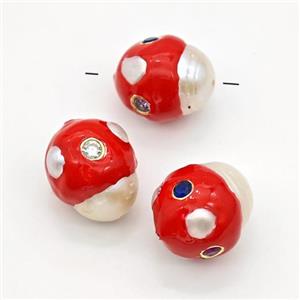 White Pearl Potato Beads Pave Zirconia Red Enamel, approx 13-17mm [GM23089]