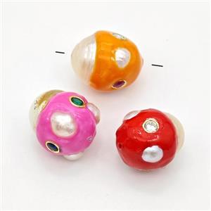 White Pearl Potato Beads Pave Zirconia Enamel Mixed, approx 13-17mm [GM23090]