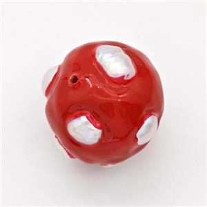 Clay Round Beads Pave Pearl Red Enamel, approx 20mm [GM23094]