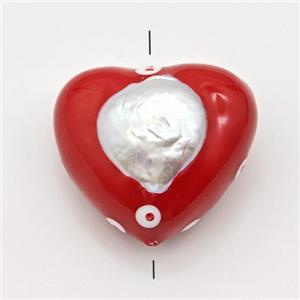 Clay Heart Beads Pave Pearl Red Enamel, approx 25mm [GM23101]
