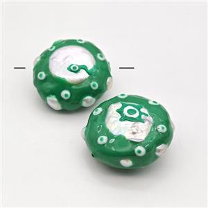 Baroque Style Pearl Coin Beads Green Enamel Evil Eye, approx 28mm [GM23108]
