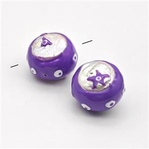 Baroque Style Pearl Coin Beads Purple Enamel Evil Eye, approx 25mm [GM23110]