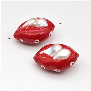 Baroque Style Pearl Oval Beads Red Enamel Evil Eye, approx 25-33mm [GM23114]