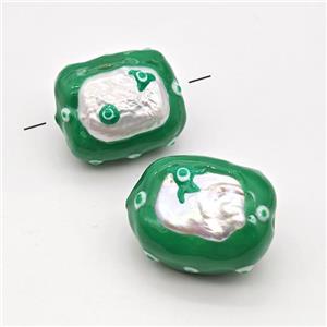 Baroque Style Pearl Rectangle Beads Green Enamel Evil Eye, approx 20-25mm [GM23116]