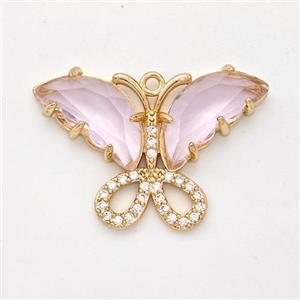 Pink Crystal Glass Copper Butterfly Pendant Pave Zirconia Gold Plated, approx 20-28mm [GM23135]