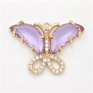 Purple Crystal Glass Copper Butterfly Pendant Pave Zirconia Gold Plated, approx 20-28mm [GM23136]