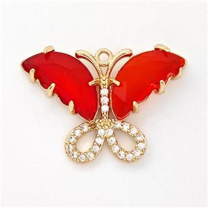 Red Crystal Glass Copper Butterfly Pendant Pave Zirconia Gold Plated, approx 20-28mm [GM23138]