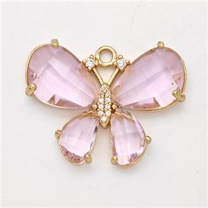 Pink Crystal Glass Copper Butterfly Pendant Pave Zirconia Gold Plated, approx 21-30mm [GM23141]