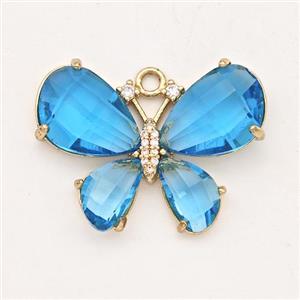 Aqua Crystal Glass Copper Butterfly Pendant Pave Zirconia Gold Plated, approx 21-30mm [GM23143]