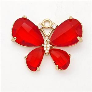 Red Crystal Glass Copper Butterfly Pendant Pave Zirconia Gold Plated, approx 21-30mm [GM23145]