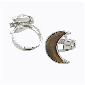 Copper Moon Rings Pave Tiger Eye Stone Adjustable Platinum Plated, approx 18-22mm, 18mm dia [GM23168]