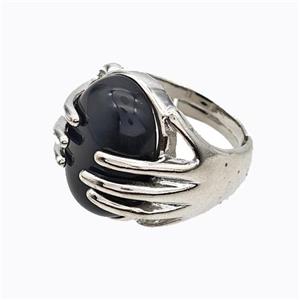 Copper Hand Rings Pave Black Obsidian Platinum Plated, approx 13-18mm, 18mm dia [GM23185]