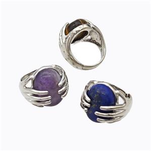 Copper Hand Rings Pave Gemstone Oval Platinum Plated Mixed, approx 13-18mm, 18mm dia [GM23191]