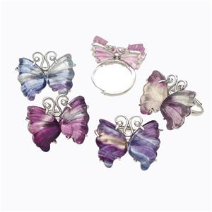 Multicolor Fluorite Butterfly Rings Copper Platinum Plated Mixed, approx 22-27mm, 18mm dia [GM23192]