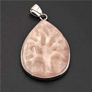 Natural Pink Rose Quartz Tree Pendant Carved, approx 24-32mm [GM23217]