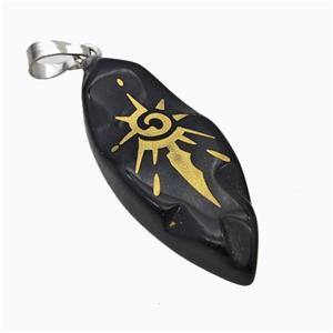 Natural Black Obsidian Leaf Pendant Sun Golden Painted, approx 15-40mm [GM23228]