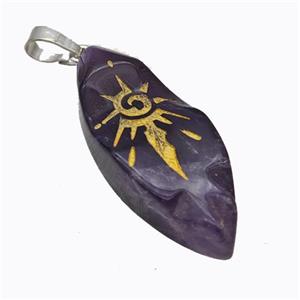 Natural Purple Amethyst Leaf Pendant Sun Golden Painted, approx 15-40mm [GM23232]