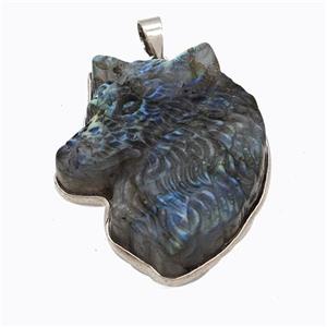 Natural Labradorite Wolf Pendant Carved, approx 30mm [GM23255]