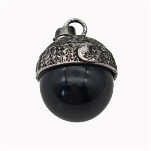 Natural Black Obsidian Sphere Pendant Alloy Antique Silver, approx 18mm [GM23287]