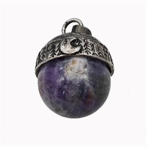 Natural Purple Amethyst Sphere Pendant Alloy Antique Silver, approx 18mm [GM23290]