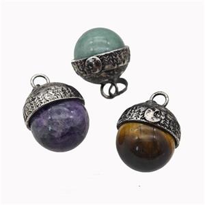 Natural Gemstone Sphere Pendant Alloy Antique Silver Mixed, approx 18mm [GM23291]