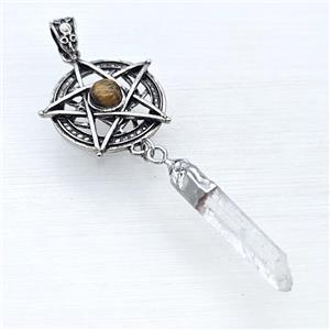 Alloy Star Pendant Pave Tiger Eye With Crystal Quartz Stick Antique Silver, approx 8-38mm, 30mm [GM23296]