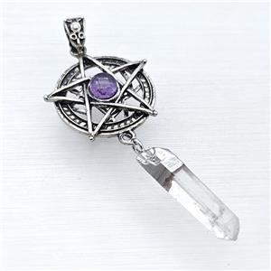 Alloy Star Pendant Pave Amethyst With Crystal Quartz Stick Antique Silver, approx 8-38mm, 30mm [GM23297]