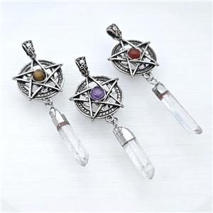 Alloy Star Pendant Pave Gemstone With Crystal Quartz Stick Antique Silver Mixed, approx 8-38mm, 30mm [GM23298]