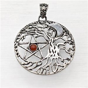 Alloy Tree Of Life Pendant Pave White Druzy Moon Red Agate Star Antique Silver, approx 40mm [GM23299]