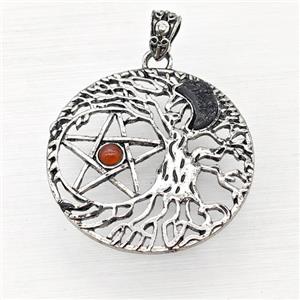 Alloy Tree Of Life Pendant Pave Black Druzy Moon Red Agate Star Antique Silver, approx 40mm [GM23300]
