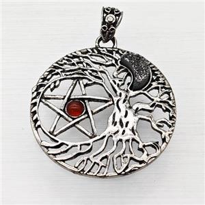 Alloy Tree Of Life Pendant Pave Druzy Moon Red Agate Star Antique Silver, approx 40mm [GM23301]