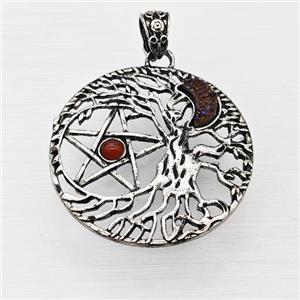 Alloy Tree Of Life Pendant Pave Druzy Moon Red Agate Star Antique Silver, approx 40mm [GM23302]