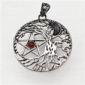Alloy Tree Of Life Pendant Pave Druzy Moon Red Agate Star Antique Silver, approx 40mm [GM23303]