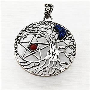 Alloy Tree Of Life Pendant Pave Blue Druzy Moon Red Agate Star Antique Silver, approx 40mm [GM23304]
