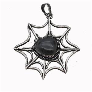 Alloy Spiderweb Pendant Pave Black Obsidian Antique Silver, approx 12mm, 40-45mm [GM23308]