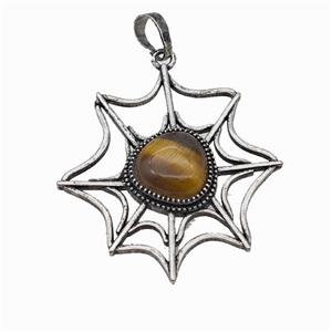 Alloy Spiderweb Pendant Pave Tiger Eye Antique Silver, approx 12mm, 40-45mm [GM23311]