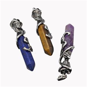 Natural Gemstone Prism Pendant Alloy Bine Antique Silver Mixed, approx 8-40mm, 55mm [GM23348]