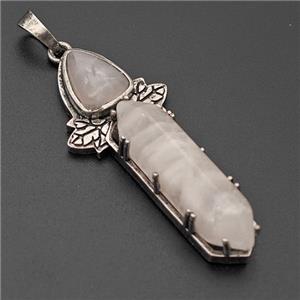 Natural Pink Rose Quartz Prism Pendant Alloy Leaf Antique Silver, approx 8-33mm, 48mm [GM23350]