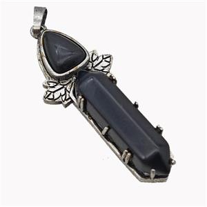 Natural Black Obsidian Prism Pendant Alloy Leaf Antique Silver, approx 8-33mm, 48mm [GM23351]