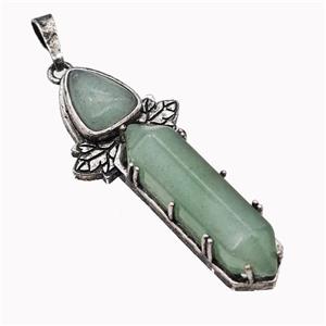 Natural Green Aventurine Prism Pendant Alloy Leaf Antique Silver, approx 8-33mm, 48mm [GM23352]