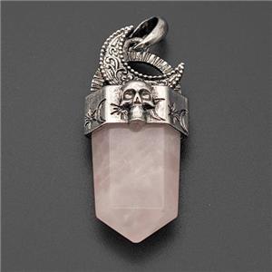 Natural Pink Rose Quartz Prism Pendant Alloy Moon Skull Antique Silver, approx 18-45mm [GM23377]