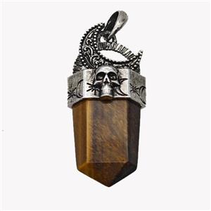 Natural Tiger Eye Stone Prism Pendant Alloy Moon Skull Antique Silver, approx 18-45mm [GM23381]