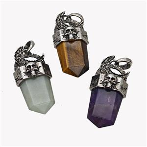 Natural Gemstone Prism Pendant Alloy Moon Skull Antique Silver Mixed, approx 18-45mm [GM23384]