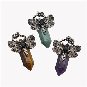 Natural Gemstone Prism Pendant Alloy Butterfly Antique Silver Mixed, approx 12mm, 35-50mm [GM23393]