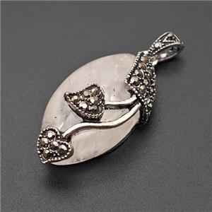 Natural Pink Rose Quartz Leaf Pendant Alloy Pave Rhinestone Antique Silver, approx 15-25mm [GM23396]
