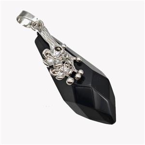 Natural Black Obsidian Teardrop Pendant Alloy Flower Antique Silver, approx 15-40mm [GM23415]