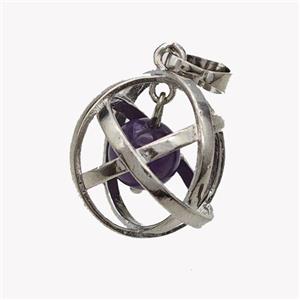 Alloy Sphere Pendant With Purple Amethyst Platinum Plated, approx 18mm [GM23429]
