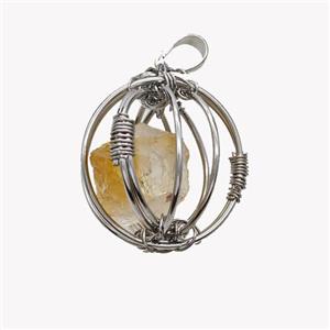 Copper Sphere Pendant With Citrine Nugget Wire Wrapped Platinum Plated, approx 30mm [GM23432]