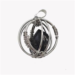 Copper Sphere Pendant With Black Obsidian Nugget Wire Wrapped Platinum Plated, approx 30mm [GM23433]