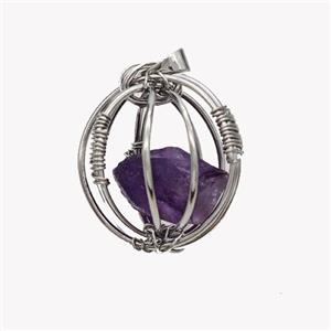 Copper Sphere Pendant With Purple Amethyst Nugget Wire Wrapped Platinum Plated, approx 30mm [GM23434]